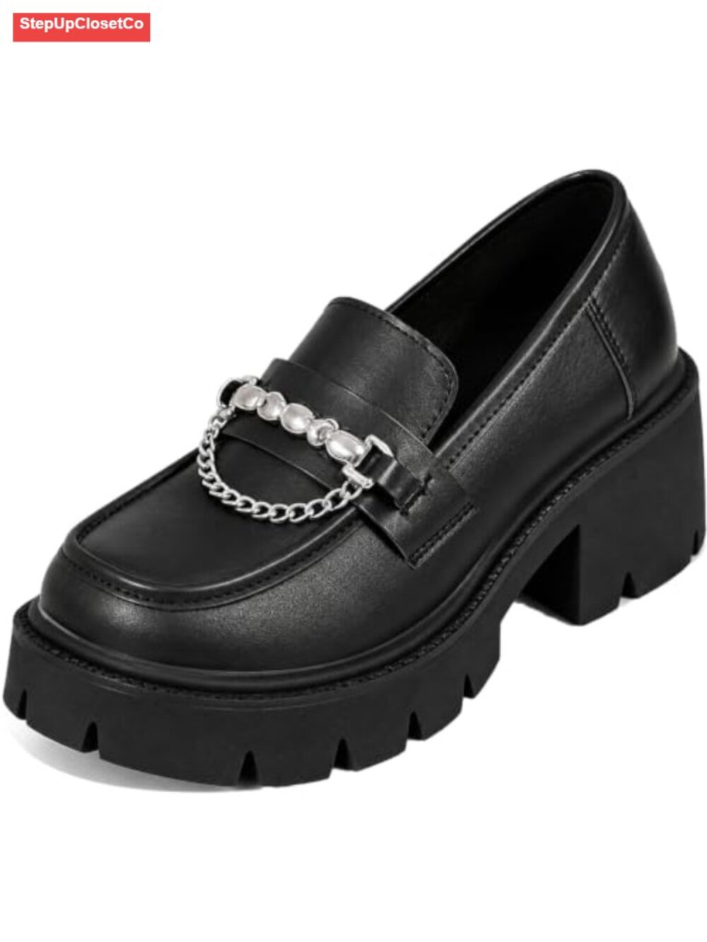 Women's Chain Chunky Heel Platform Loafers Lightweight Anti-Slip Lug Sole